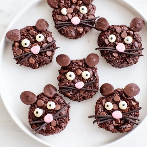 Fudgy Silly Rat Cake Brownie Bites, decorated with white chocolate, offering playful, chocolatey fun for dessert.
