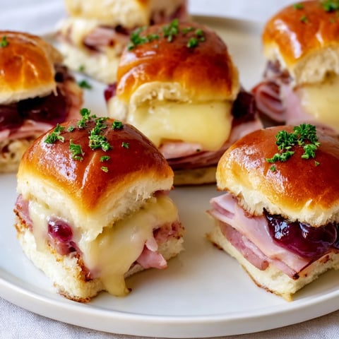 Golden, bubbly Cherry-Glazed Ham and Cheese Slider, showcasing the sweet glaze dripping down the sides.
