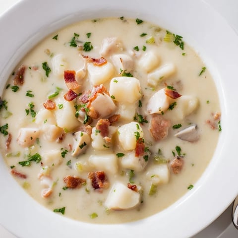 Creamy New England Clam Chowder with visible bits of bacon and clams, ready to serve with crackers.