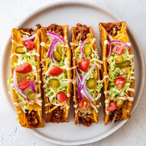 Golden-brown cheeseburger tacos overflowing with seasoned beef, melted cheese, and fresh toppings.
