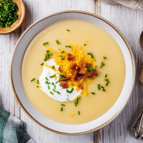 A steaming bowl of The Ultimate Baked Potato Soup, thick and creamy with visible toppings.