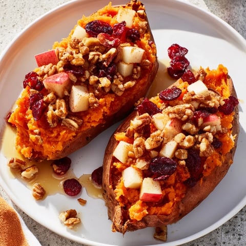 Golden Cranberry Apple Twice-Baked Sweet Potatoes, warm and spiced, perfect for a cozy fall meal.