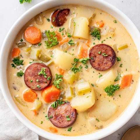 Creamy Chorizo Potato Soup with a swirl of cream, inviting you to enjoy this flavorful dish.