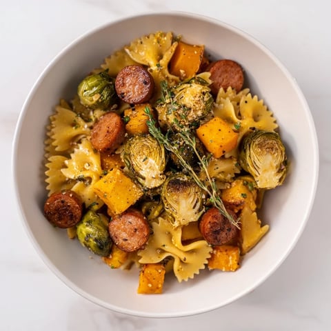 A vibrant photo showcasing the finished Autumn Sausage Pasta Squash, ready to serve with fresh thyme.