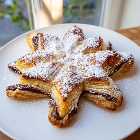 Golden, flaky Express Nutella Puff Pastry Snowflakes, dusted with powdered sugar, ready for a delicious bite.