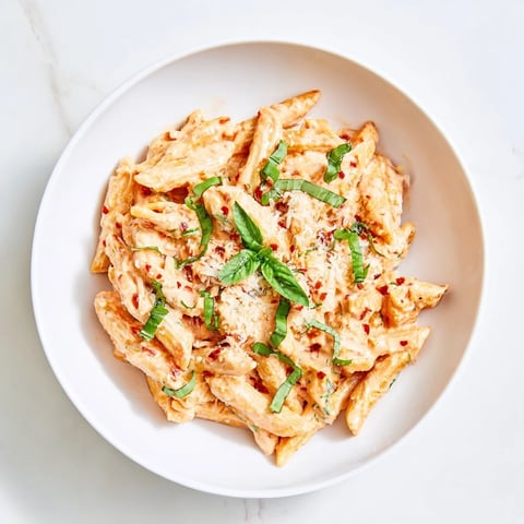 Rich and creamy Sun-Dried Tomato & Cottage Cheese Pasta Sauce tossed with penne, ready for dinner tonight.