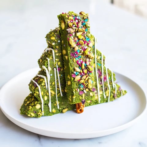 Matcha Pistachio Christmas Tree Blondie Bars, cut into festive tree shapes, drizzled with white chocolate and sprinkles.