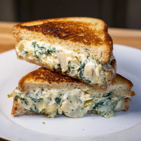 Golden, melty Air Fryer Spinach & Artichoke Dip Grilled Cheese, perfect for a cozy, satisfying lunch.