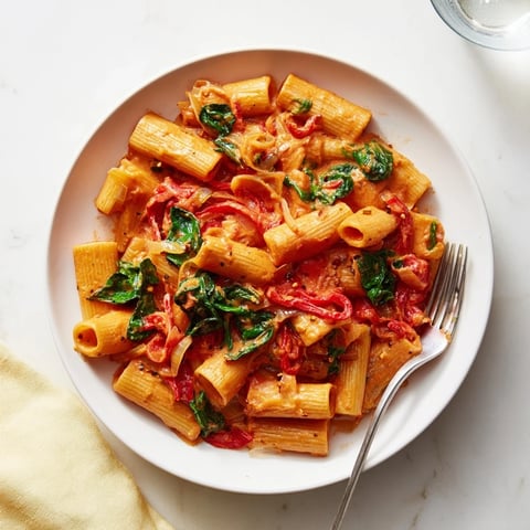 Lightened-Up Vodka Rosé Christmas Pasta, vibrant red and green, ready to serve with Parmesan.