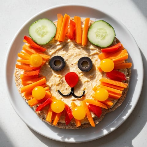 King of the Jungle Lion Lunch Board with carrots, olives, and cheese, ready for playful eating.