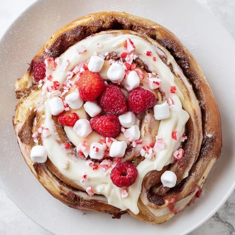Fluffy North Pole Cinnamon Roll Board covered in cream cheese frosting, and festive toppings.