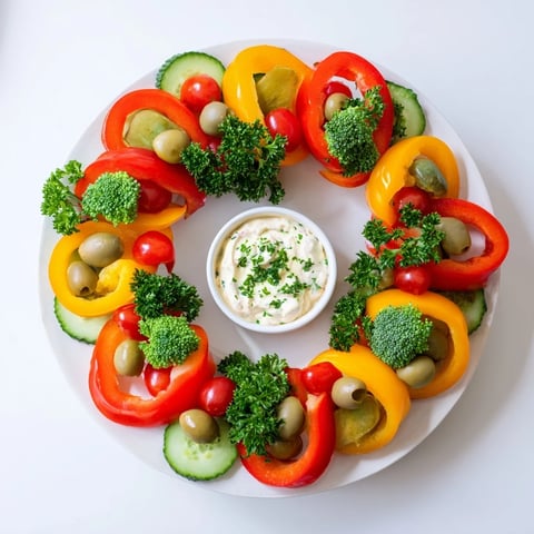 Festive bell pepper wreath garnished with fresh herbs and a creamy herb-infused dip for serving.