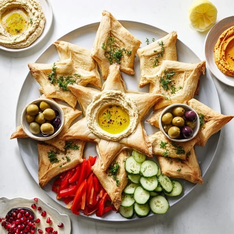 Star-shaped pita bread artfully arranged on a board with colorful dips, part of the Three Kings Star Pita Board.