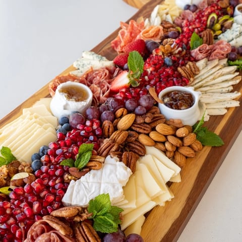 A vibrant Pomegranate Jewel Cascade grazing board, overflowing with fruits, cheeses, and charcuterie.