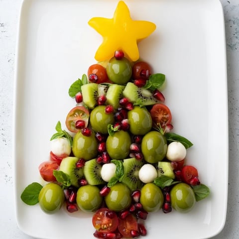 A Christmas Tree Triangle Board is visually stunning with vibrant green grapes and olives.