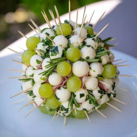 Mistletoe Kissing Ball appetizer with creamy cheese balls, grapes, herbs, and prosciutto, perfect for holiday gatherings.