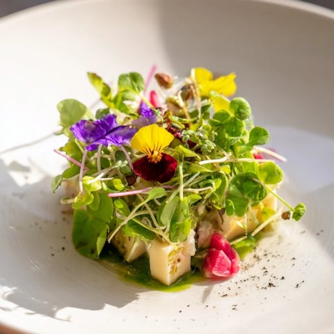 The Secret Garden appetizer boasts colorful edible flowers and cheese cubes hidden within.