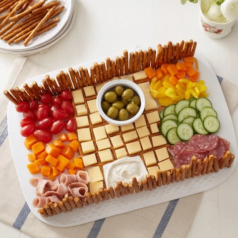 The Urban Grid snack platter featuring colorful cheeses, veggies, and meats, perfect for sharing.