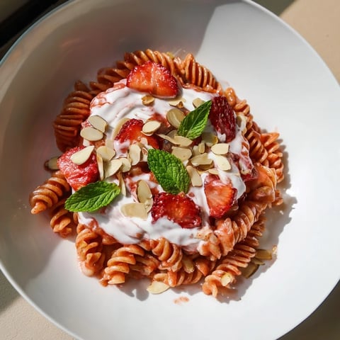 Luscious Sweet Strawberry Yogurt Pasta, topped with fresh strawberries and almonds, ready to serve.