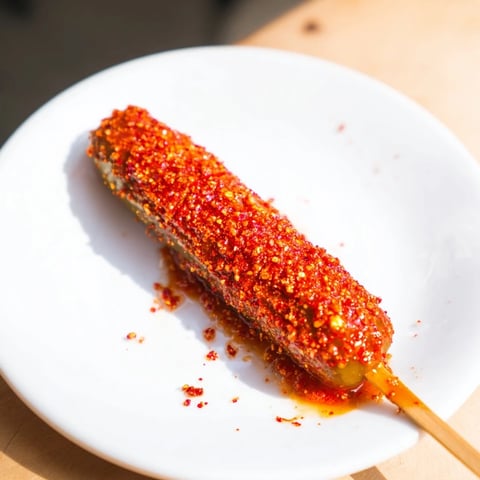 Crisp, glistening Chamoy-Tajín pickle sticks, a bright red coating covered in spicy seasoning.