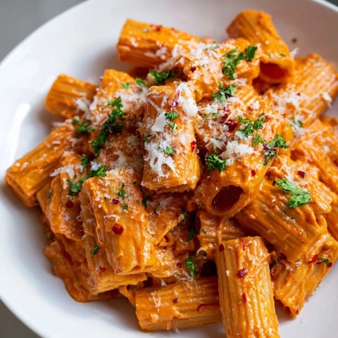 Gigi Hadid-Style Spicy Rigatoni in a creamy, vibrant tomato-vodka sauce, garnished with fresh parsley.