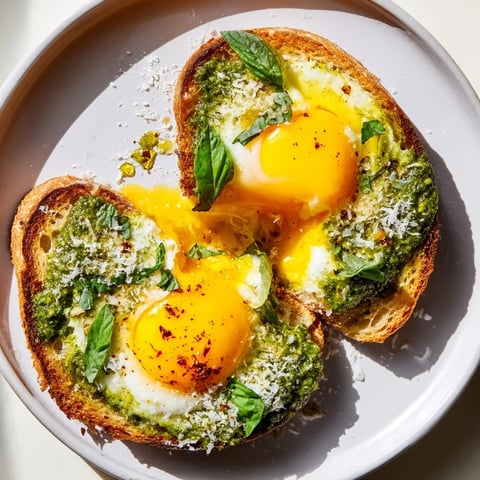Golden, toasted bread with vibrant pesto and perfectly cooked pesto egg toast, served warm.