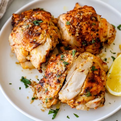 Juicy Greek Yogurt Chicken breasts, baked to golden perfection and ready for serving with lemon wedges.