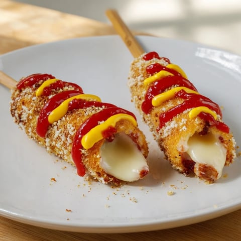 Golden, crispy Cheesy Korean Corn Dogs served fresh, with a dusting of sugar and ketchup.