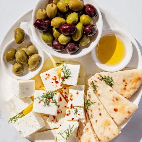 Turkish Olives & Cheese Board loaded with olives, creamy feta, and warm pita, inviting sharing.