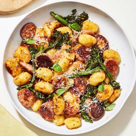 Golden, crispy Sheet Pan Gnocchi Bake with sausage and broccolini, ready to serve, steaming hot.