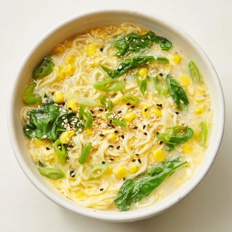 Warm bowl of elevated Ramen Egg Drop Soup with egg ribbons and fresh green onions.