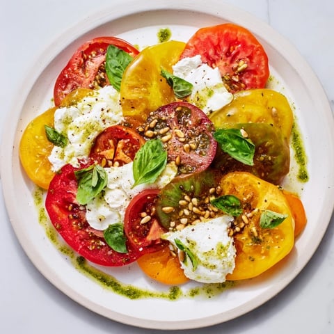 Vibrant Heirloom Tomato Salad Board with creamy burrata, drizzled basil oil, and flaky sea salt.