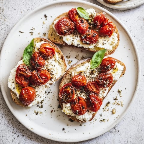 Golden-brown Baked Feta Toast topped with roasted cherry tomatoes and creamy feta cheese, ready to eat.