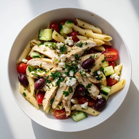A vibrant Greek Chicken Pasta Bowl features tender lemony chicken, crisp cucumbers, juicy cherry tomatoes, and creamy feta cheese on a bed of pasta.