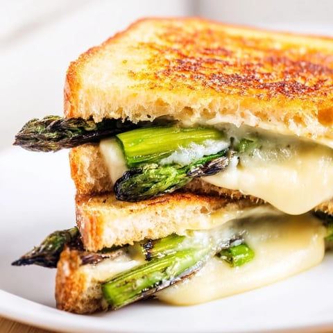 Golden-brown Asparagus & Brie Grilled Cheese oozing melted cheese, served on rustic sourdough beside fresh spears.