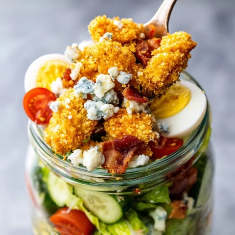 Crispy Chicken Cobb Jar Salad layered with golden chicken bites, creamy avocado, and crumbled blue cheese for a refreshing lunch.
