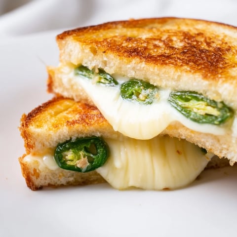 Golden-brown Jalapeño Havarti Grilled Cheese sandwich oozing melted cheese between crispy sourdough slices.  