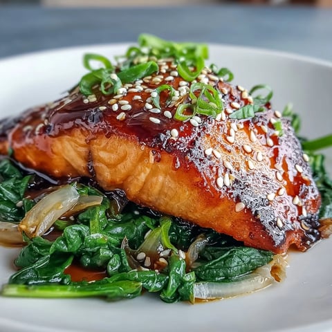 Miso salmon on sautéed spinach, a delicious and healthy glaze glistening.