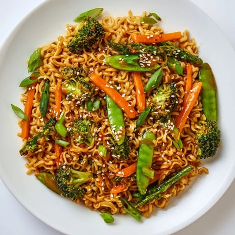 Steaming bowl of Ramen Noodle Stir-Fry Remix, colorful with vegetables and a glossy sauce.