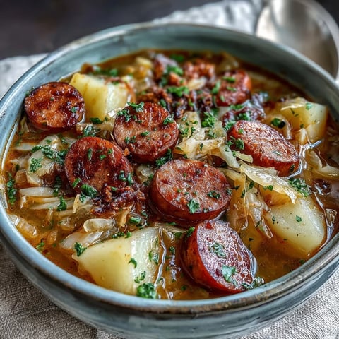 Hearty Sausage, Potato and Cabbage Soup steaming in a rustic bowl, garnished with fresh parsley.