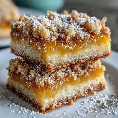 Golden Homemade Lemon Crumb Bars with powdered sugar dusting sit on a rustic wooden board, their bright yellow filling peeking through buttery crumbs.