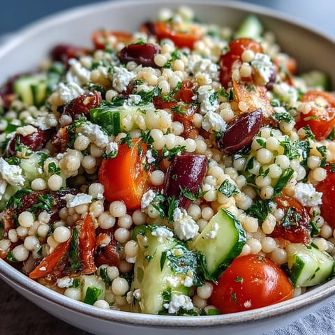 A vibrant bowl of Mediterranean Pearl Couscous, tossed with colorful diced vegetables and feta.