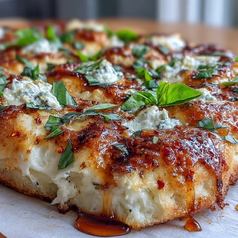 Golden-brown Hot Honey Ricotta Pizza with bubbling mozzarella, creamy ricotta, and fresh basil on a rustic board.
