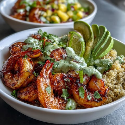 Fresh Shrimp and Creamy Avocado Bowls feature smoky grilled shrimp, fluffy quinoa, and a spoonful of vibrant mango salsa.