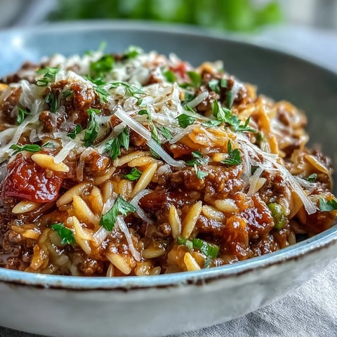 A close-up of the Comforting Ground Beef Orzo Dinner, featuring tender orzo, savory beef, and bell peppers simmered in tomato broth.