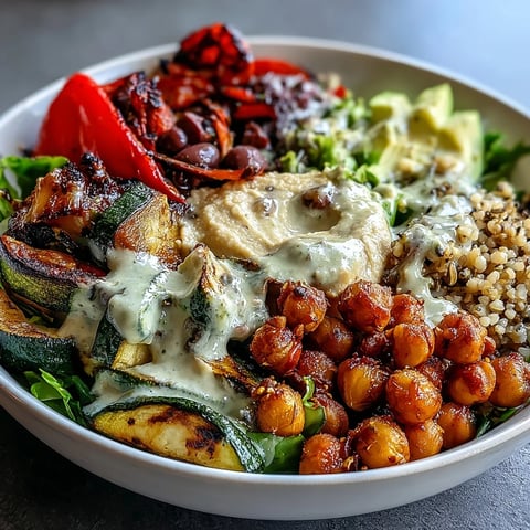 Freshly roasted Mediterranean vegetables, chickpeas, and avocado piled high on mixed greens in a Vegan Mediterranean Buddha Bowl, ready to enjoy with hummus.