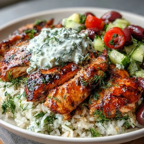 Juicy Greek-seasoned chicken slices, herbed rice, and a vibrant tomato-cucumber salad topped with creamy tzatziki and briny Kalamata olives in a bowl.