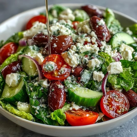 A vibrant Greek Salad Bowl with crisp romaine, juicy tomatoes, crunchy cucumbers, and briny Kalamata olives topped with creamy feta.  