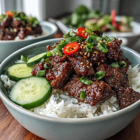 Sizzling ground beef coated in spicy gochujang sauce for an Easy Korean Beef Bowl served over fluffy rice.