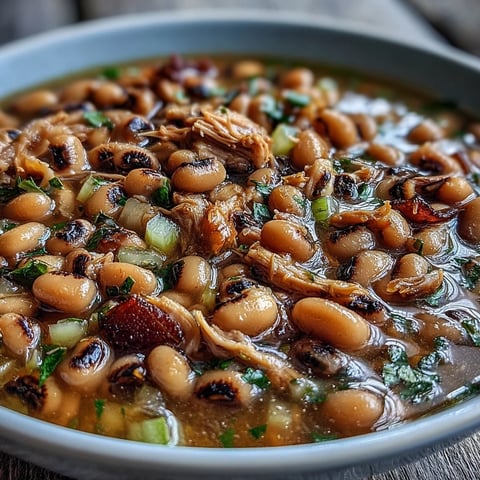 In a rustic bowl, tender black-eyed peas with smoked turkey simmer in a savory broth, garnished with fresh parsley.